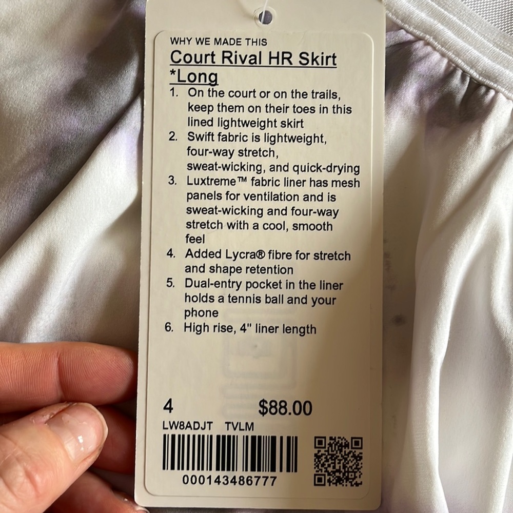 A Lululemon Court Rival HR skirt long. Never been worn, tags still on.